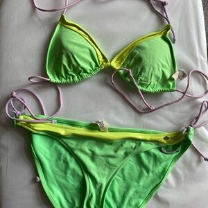 Neon Green & Yellow Triangle Bikini with Lilac Ties